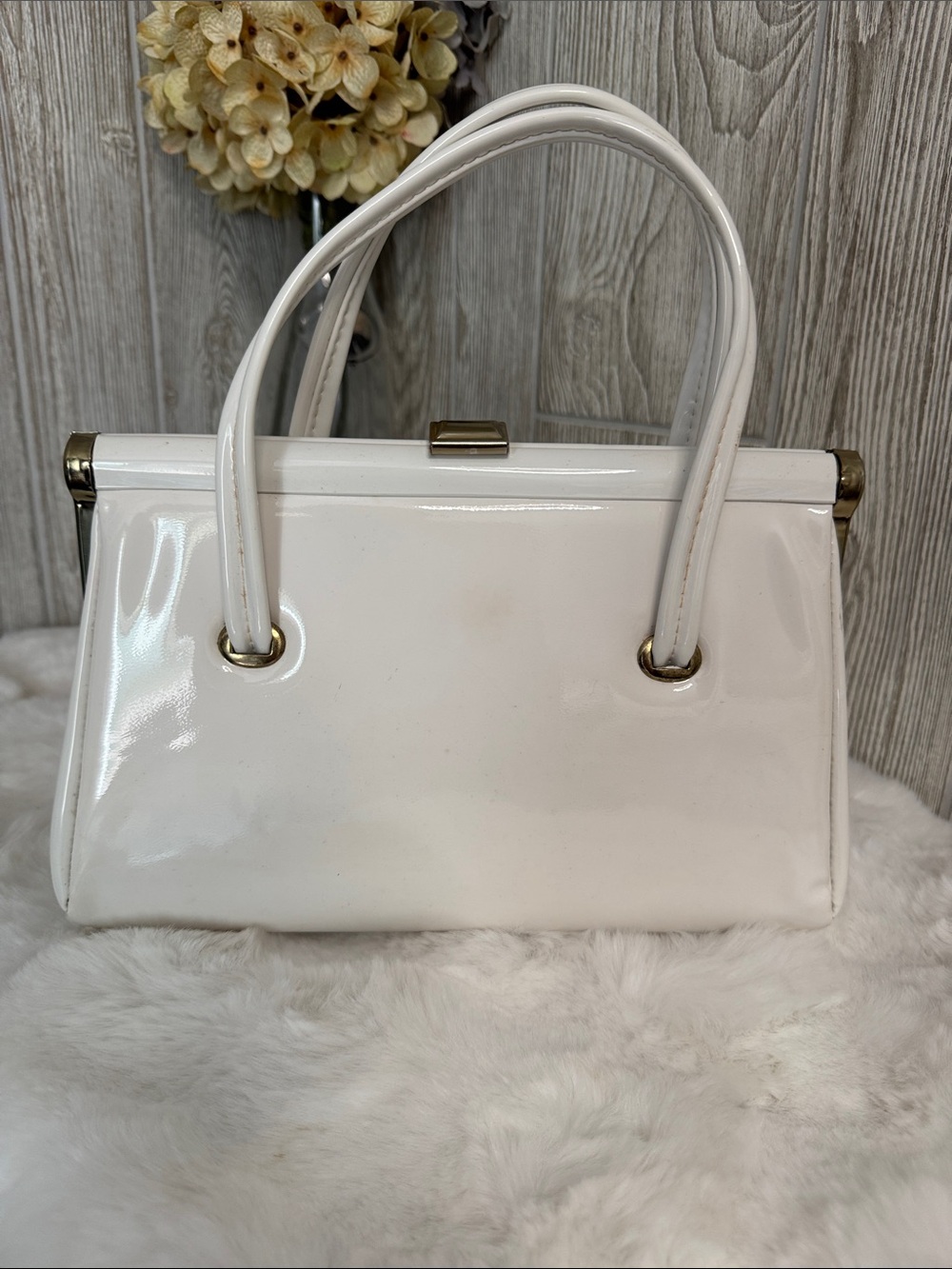 Vintage Structured White Patent Top-Handle Satchel